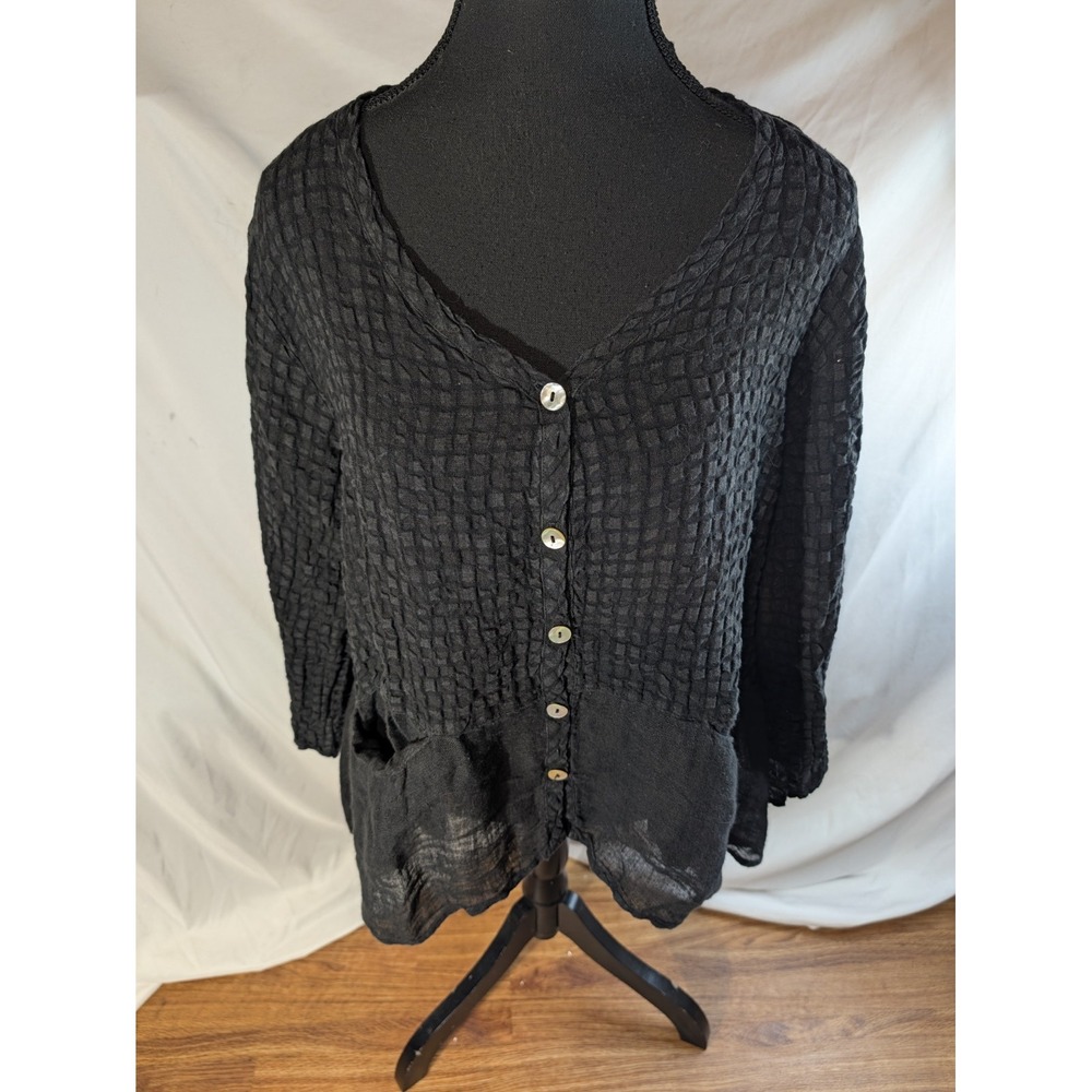 Linnea Artsy Linen Blend Top M Black Pullover Textured  3/4 Sleeves